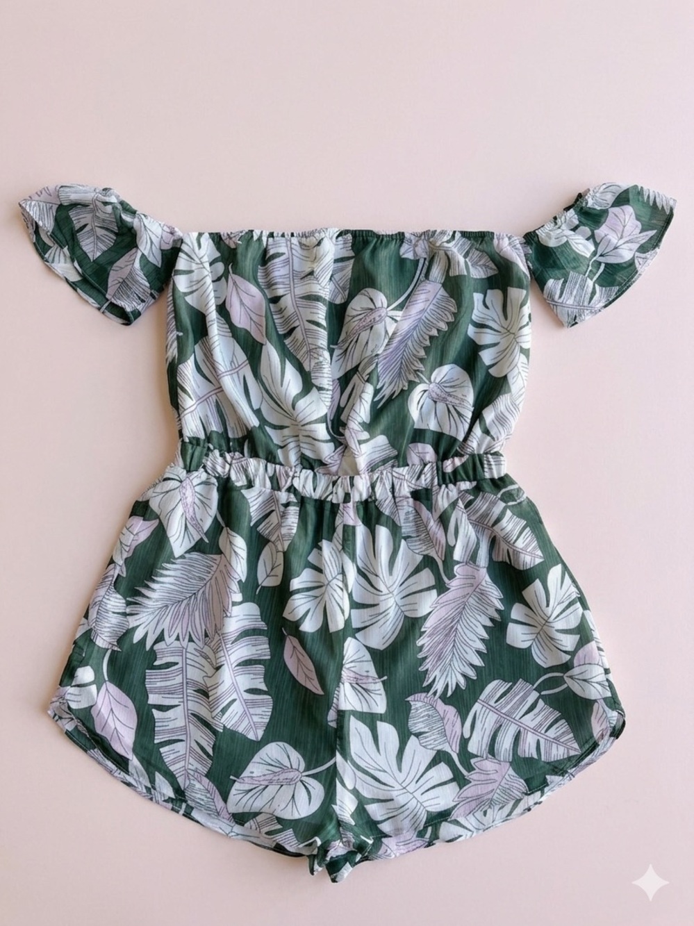 Green Pink White Floral off the Shoulder Romper Size L Resort Coquette Feminine